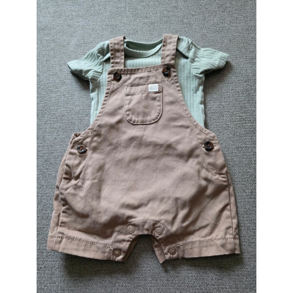 Carters Just One You Baby Boy 3M Tan Overalls Sage Green Ribbed Bodysuit Set